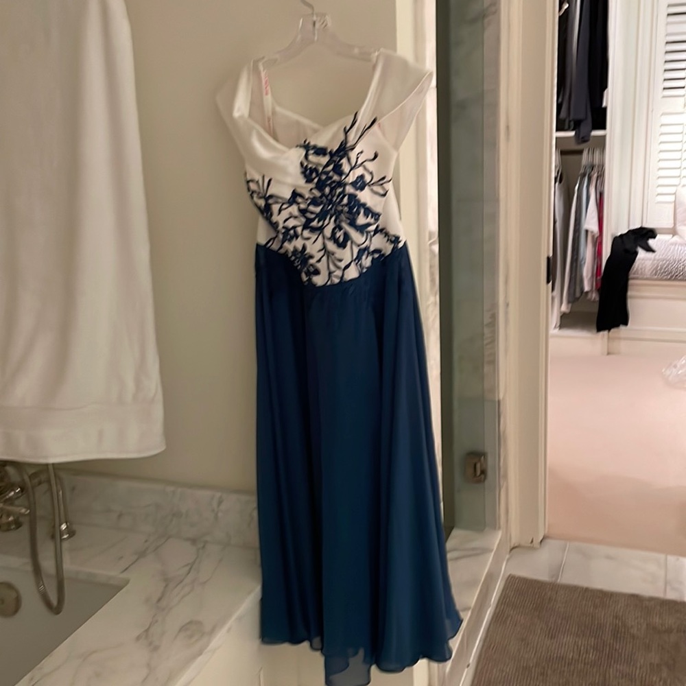 Yea-Length Formal Teal and White Off Shoulder Dress